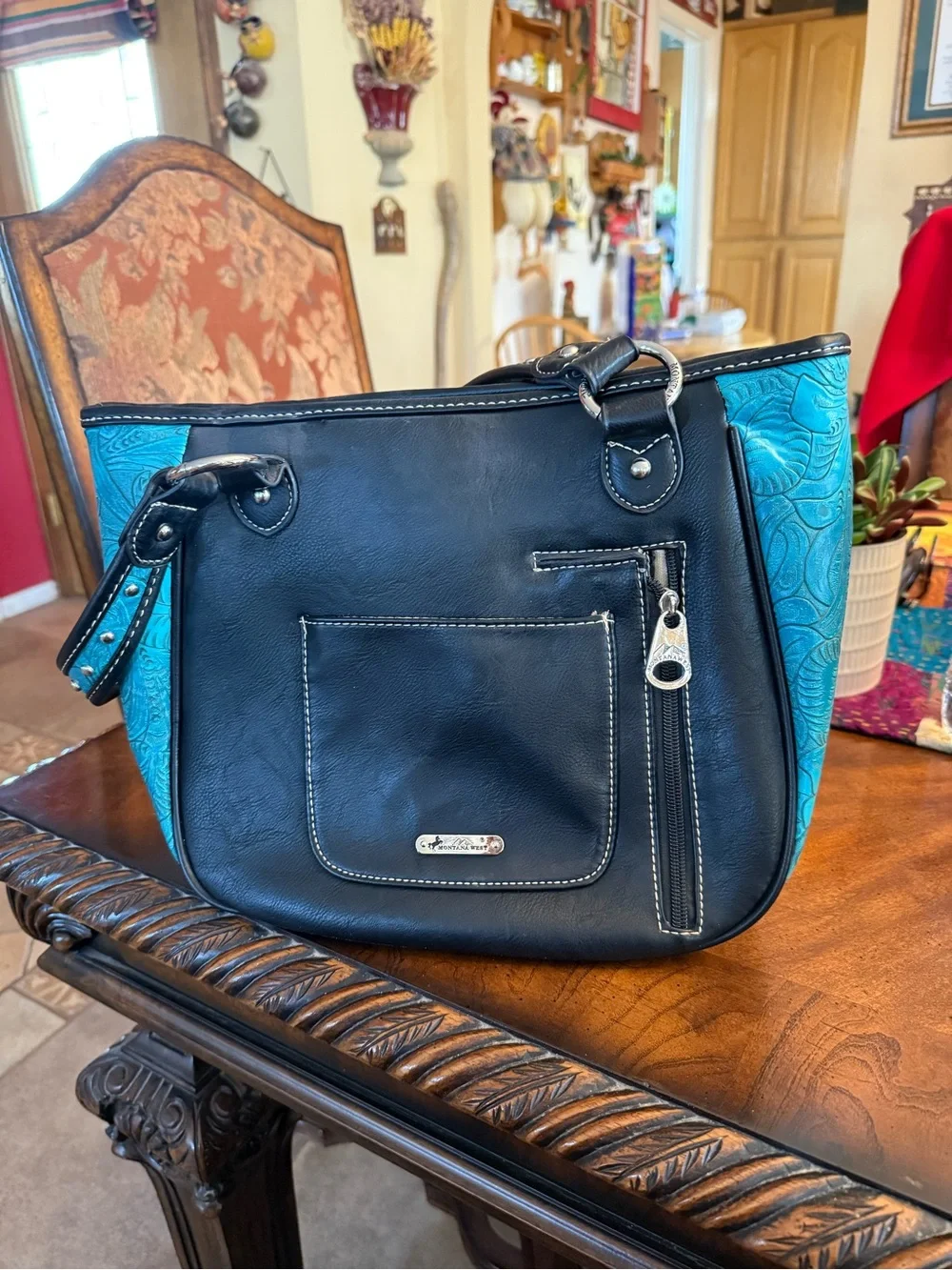 New Concealed Carry Turquoise Embroidered Feather Accent Shoulder Bag - Women